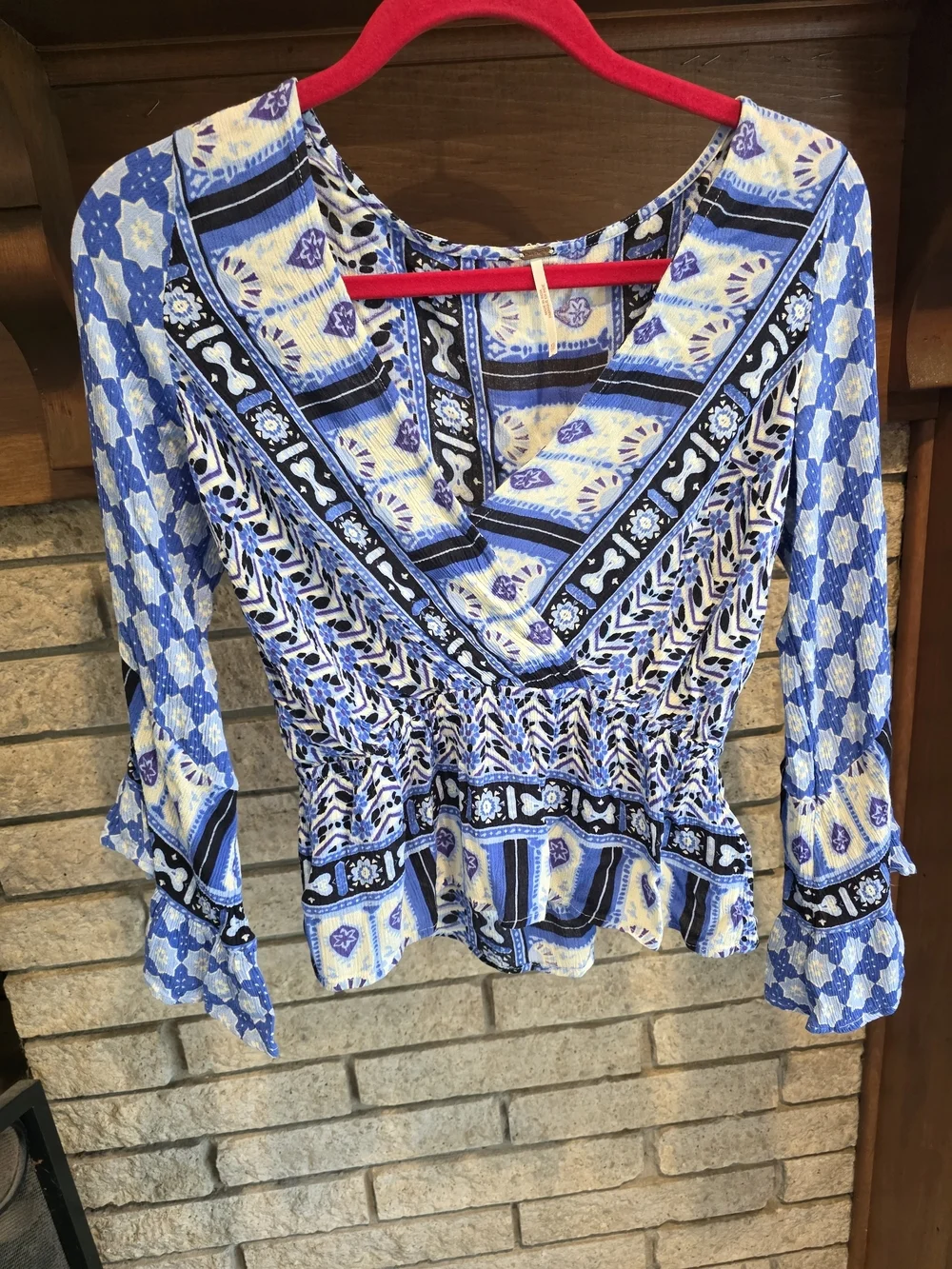 Free People Blue Printed Wrap Smocked-Waist Blouse